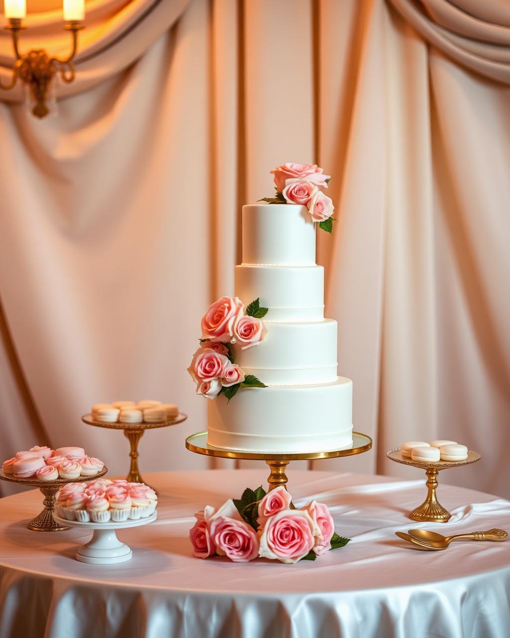 Dessert table styled with a tiered cake, macarons and blush roses