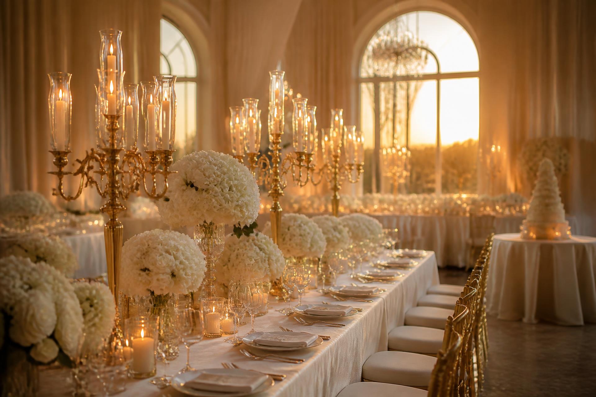 Elegant candlelit banquet table styled with white florals and gold candelabras