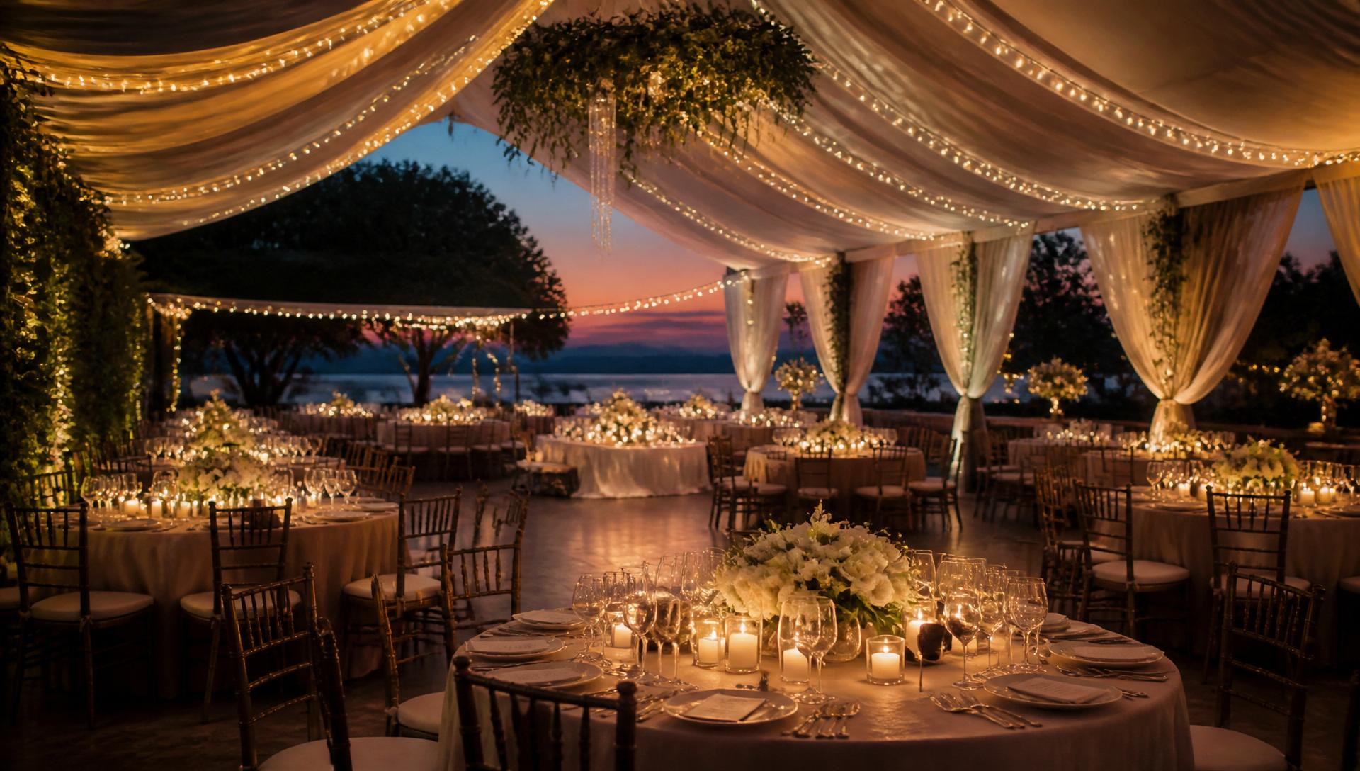 Candlelit celebration venue at dusk with draped ceiling and string lights